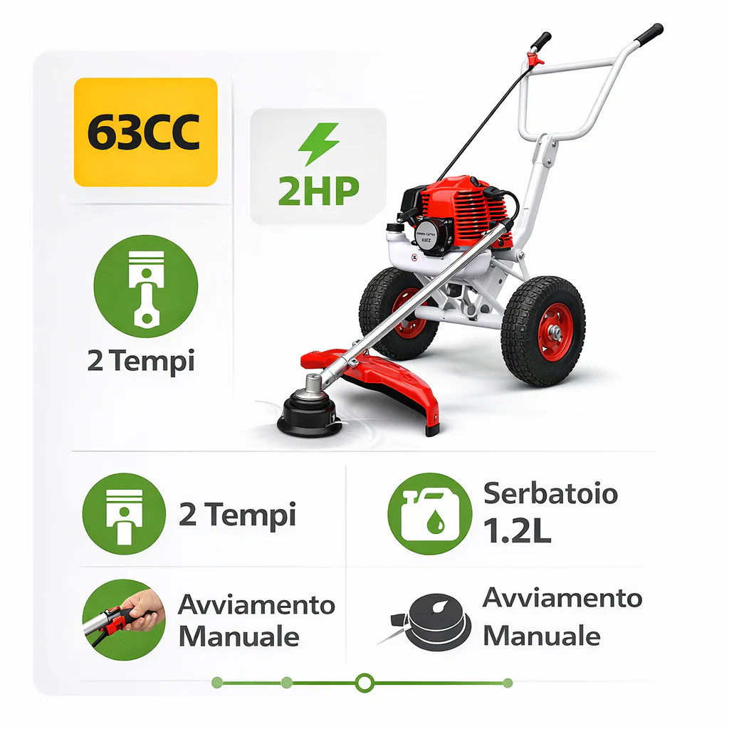 Decespugliatore a  Scoppio con Ruote 63CC, Potente, Preciso e Senza Fatica.
