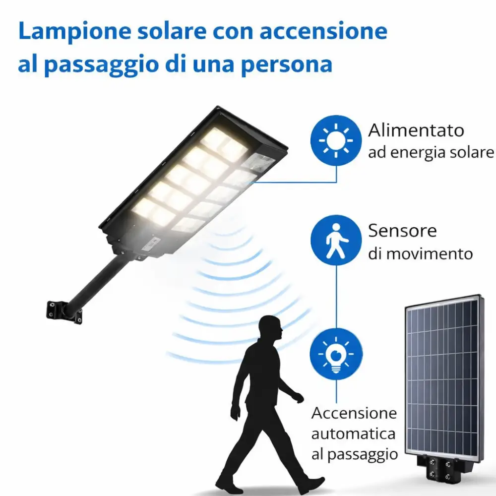 Lampione LED Esterno Solare 1200W, Sensore di Movimento, 18000mAh, IP65, con Telecomando e Staffa