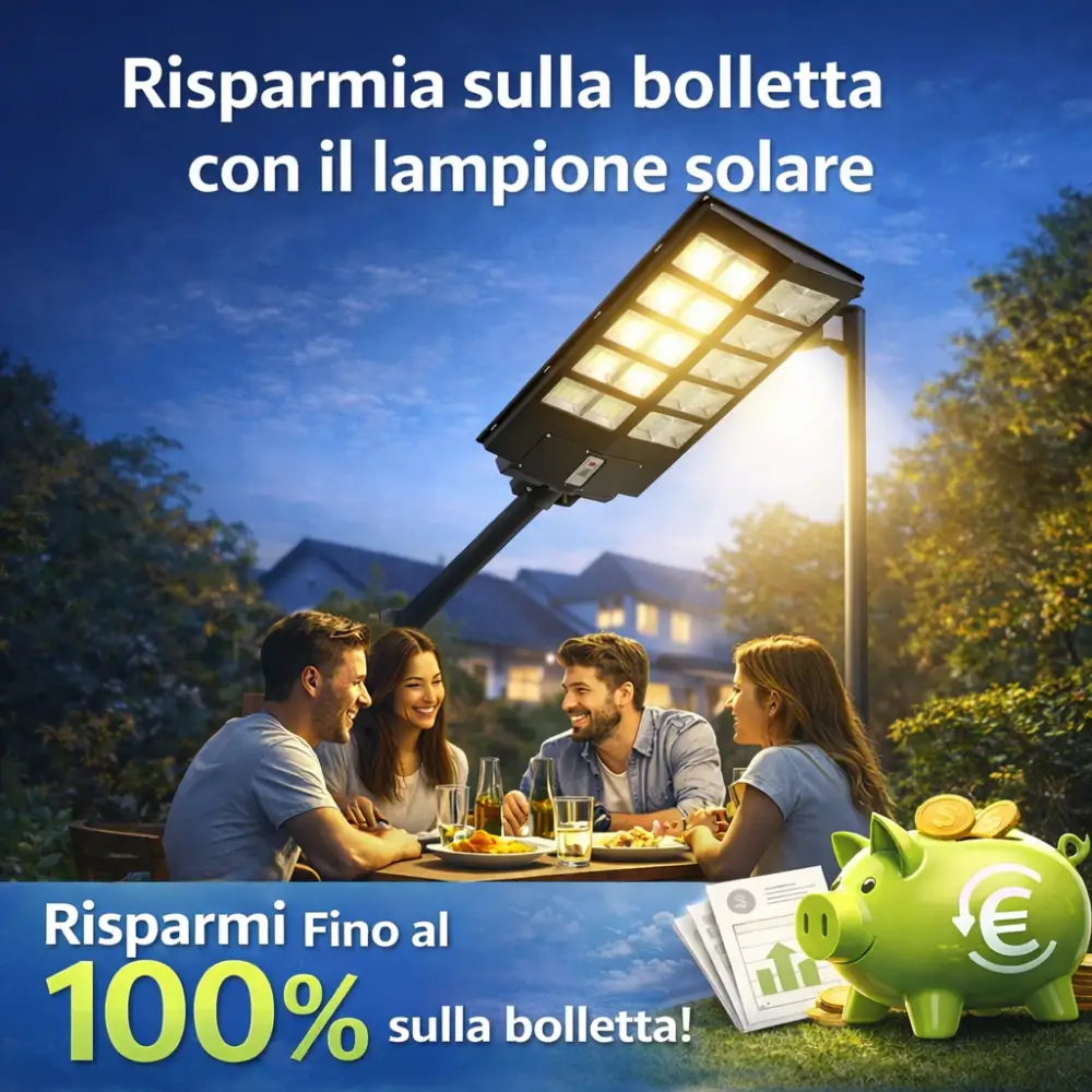 Lampione LED Esterno Solare 1200W, Sensore di Movimento, 18000mAh, IP65, con Telecomando e Staffa