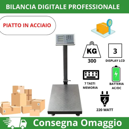 Bilancia Digitale Elettronica Professionale da 300 Kg con Display, Bilancia Industriale Ricaricabile per Utilizzo in Negozi, Abitazioni, Aziende.