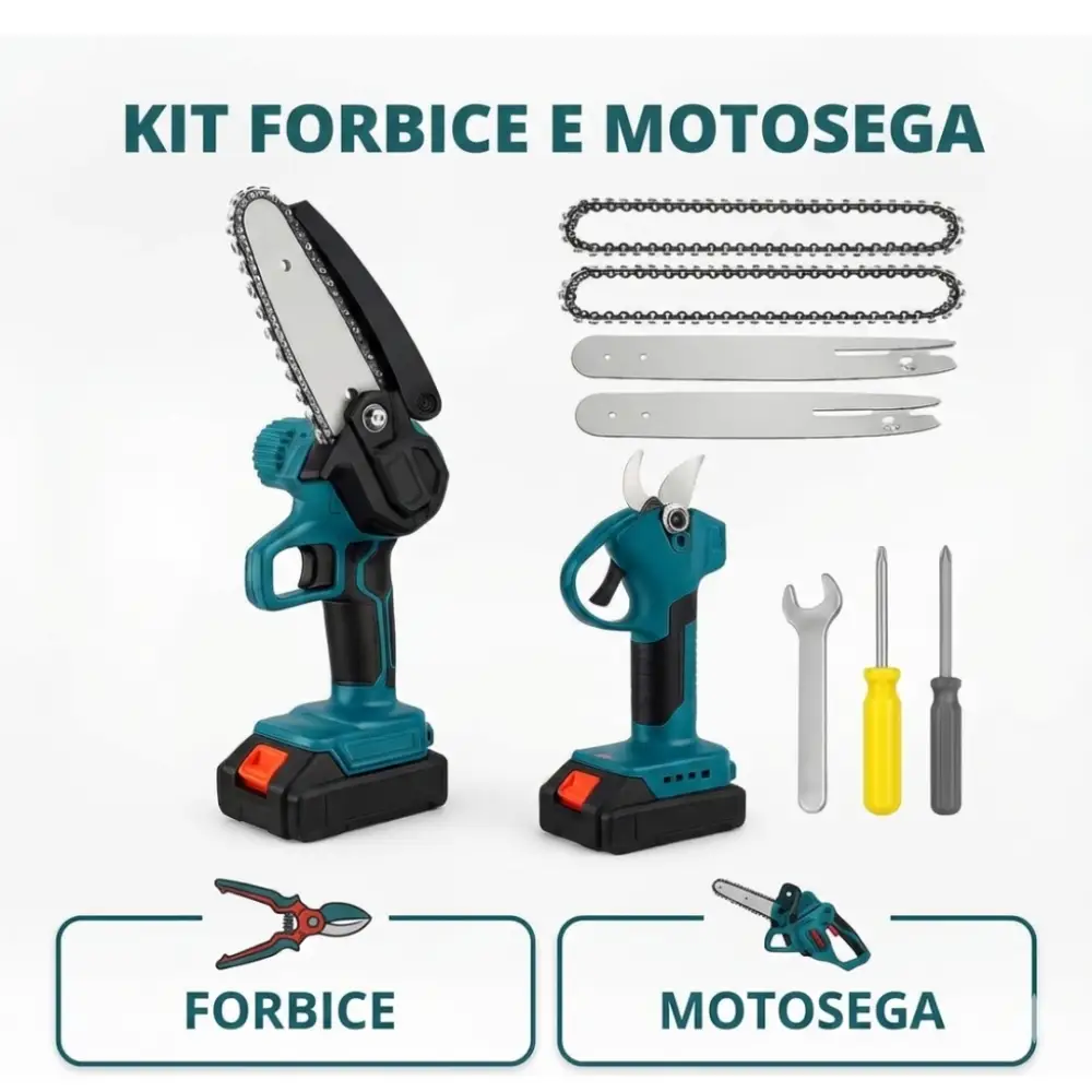 Forbici da Potatura a Batteria + Mini Motosega Elettrica con 2 Batterie 48v.