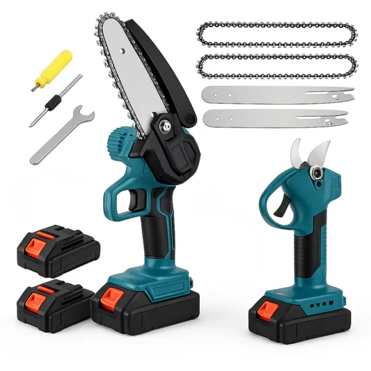 Forbici da Potatura a Batteria + Mini Motosega Elettrica con 2 Batterie 48v.