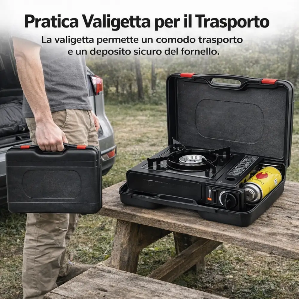 Fornello da Campeggio a Gas Portatile con Valigetta – Sicuro e Facile da Trasportare