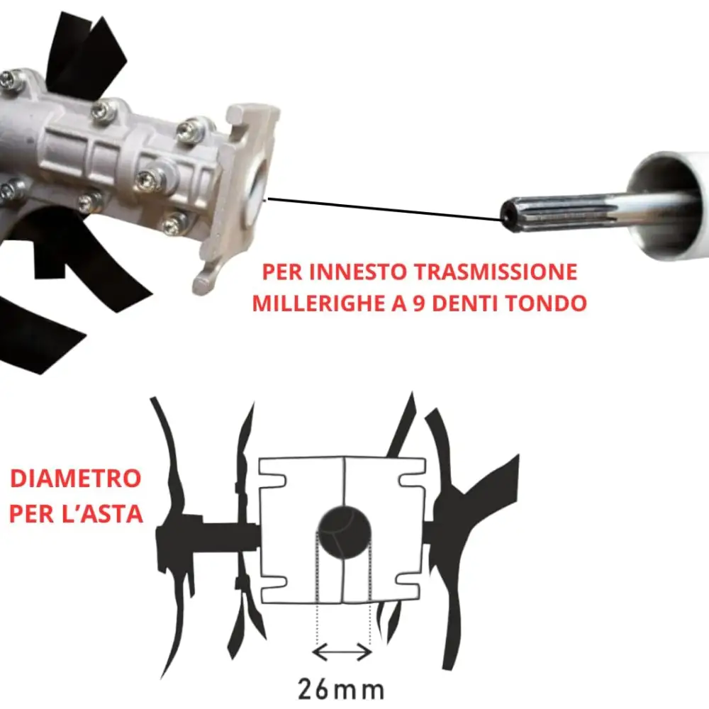 Gruppo Zappette per Decespugliatore e Motozappa, Fresa con Ingranaggio a 9 Denti, Tubo Ø26 mm - Strumenti Professionali per Orti e Giardini