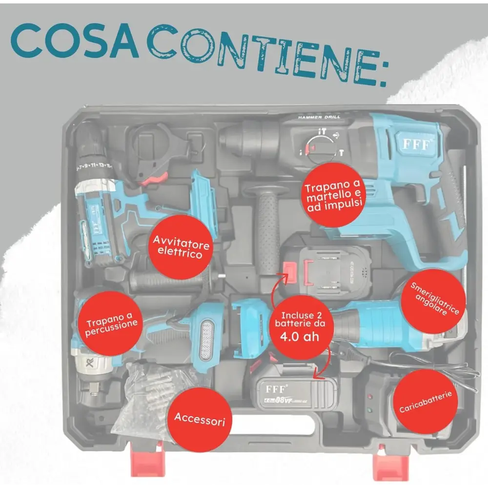 Kit Completo Professionale Fai da Te 4 in 1 con Trapano Avvitatore a Batteria, Trapano a Percussione, Trapano a Martello e Avvitatore