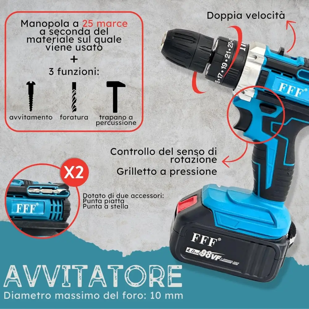 Kit Completo Professionale Fai da Te 4 in 1 con Trapano Avvitatore a Batteria, Trapano a Percussione, Trapano a Martello e Avvitatore