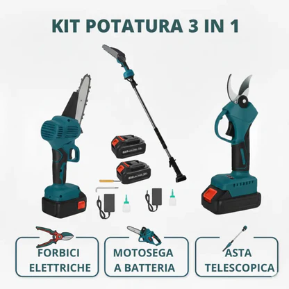 Kit Potatura 3 in 1 - Forbice a Batteria e Motosega 8 Pollici Elettrica con Asta Telescopica 128-248cm, Set Professionale per Giardinaggio con 2 Batterie 48V - DE ROSA SHOP