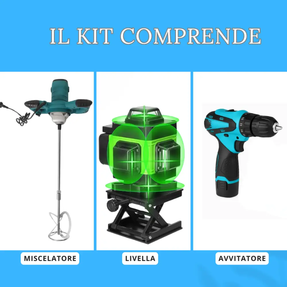 Kit Professionale 3 in 1 Miscelatore Malta e Cemento 1600W 6 Velocità M14 + Livella Laser 4D 16 Linee Autolivellante + Avvitatore con 2 Batterie