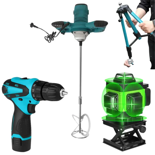 Kit Professionale 3 in 1 Miscelatore Malta e Cemento 1600W 6 Velocità M14 + Livella Laser 4D 16 Linee Autolivellante + Avvitatore con 2 Batterie