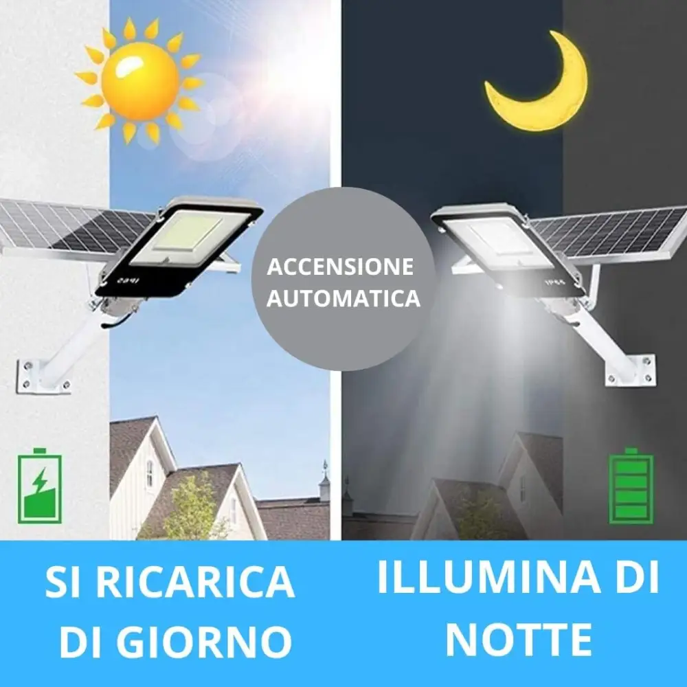 Lampione Solare esterno 400W con Pannello fotovoltaico, LED 6500K Bianco Freddo