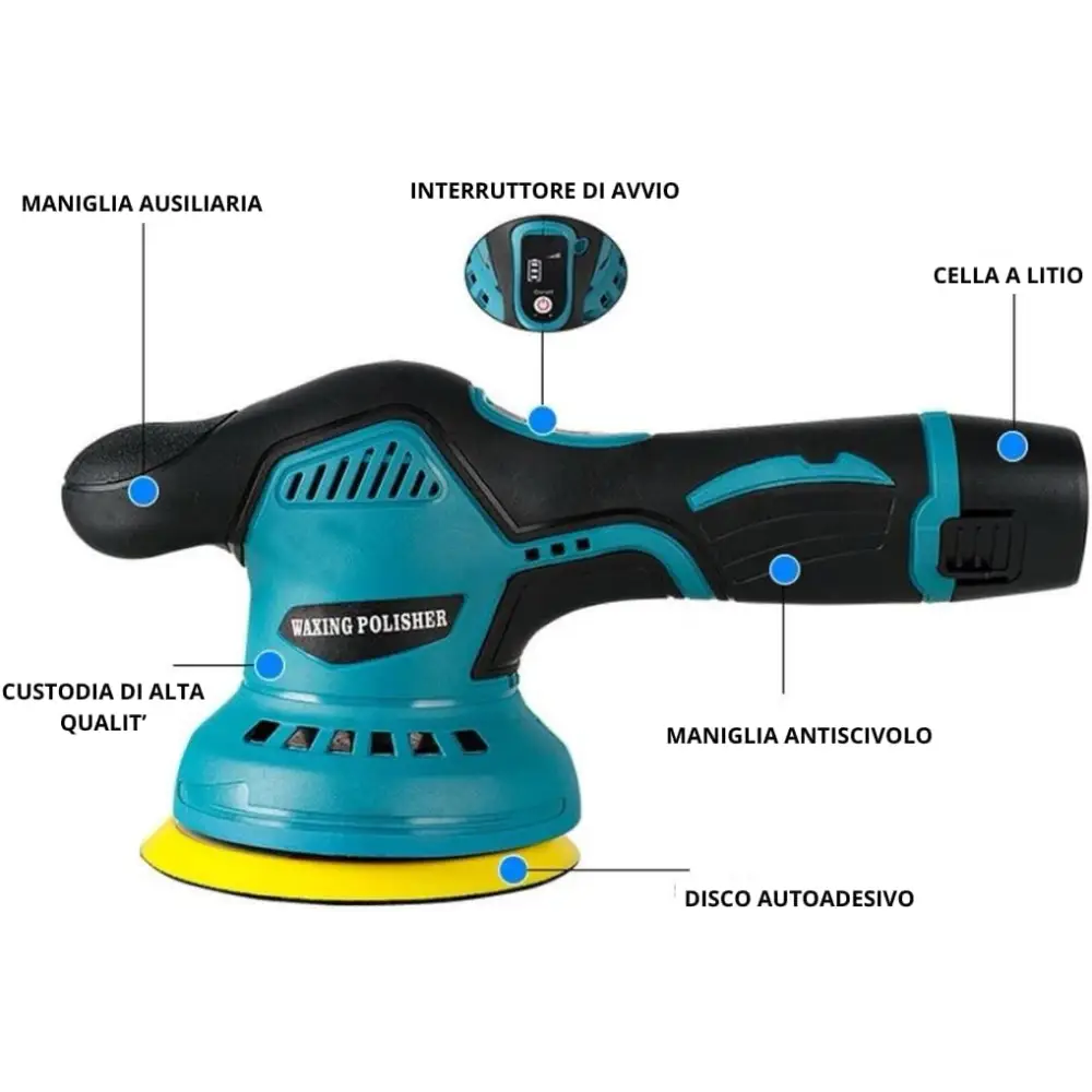 Lucidatrice Auto Orbitale, Kit Professionale con 2 Batterie, Spugna da 125 mm, 8 Velocità Regolabili