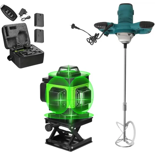 Miscelatore per Malta e Cemento 1600W con 6 Velocità e Attacco M14 + Livella Laser 4D a 16 Linee con Raggio Verde Autolivellante, Kit Professionale 2 in 1.