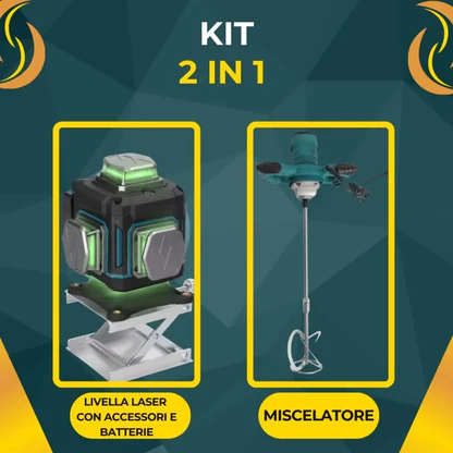 Miscelatore per Malta e Cemento 1600W con 6 Velocità e Attacco M14 + Livella Laser 4D a 16 Linee con Raggio Verde Autolivellante, Kit Professionale 2 in 1.