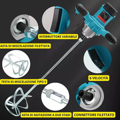Miscelatore per Malta e Cemento 1600W con 6 Velocità e Attacco M14 + Livella Laser 4D a 16 Linee con Raggio Verde Autolivellante, Kit Professionale 2 in 1.