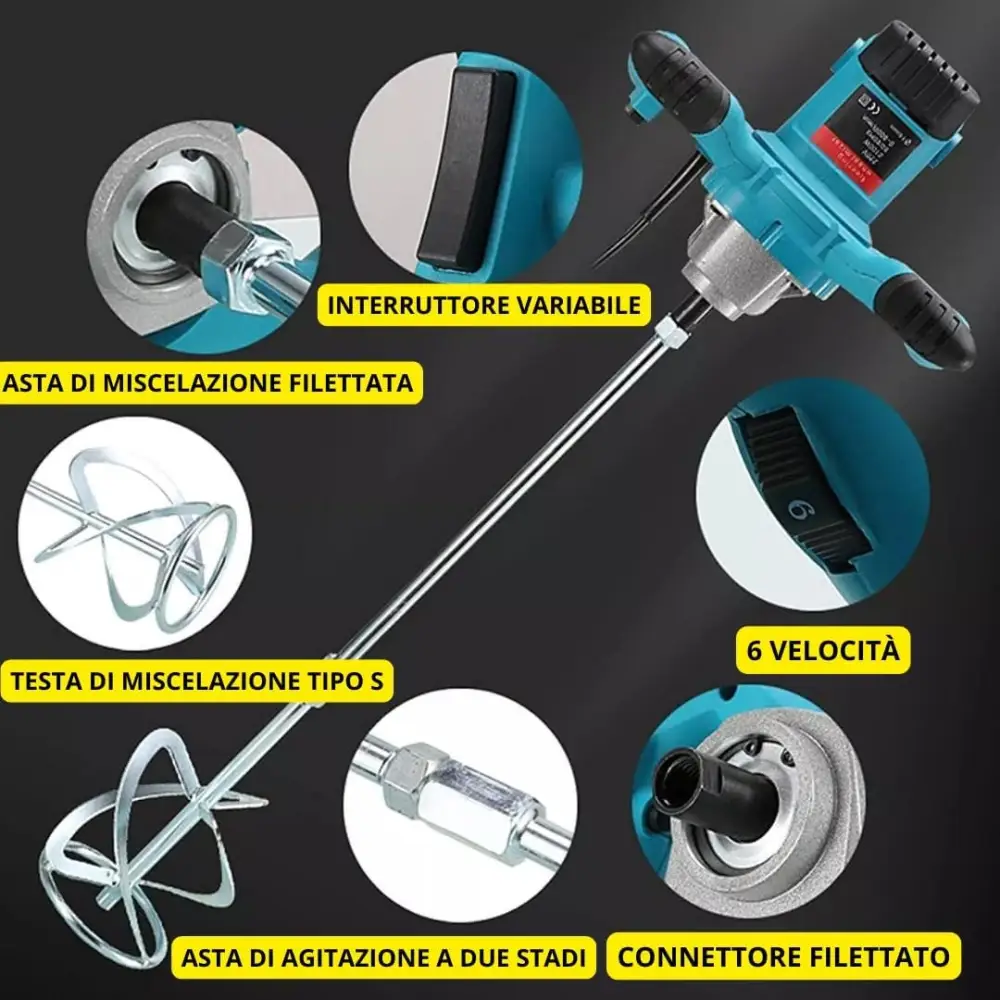 Miscelatore Professionale 2600W a 6 Velocità – Per Malta, Cemento e Colla