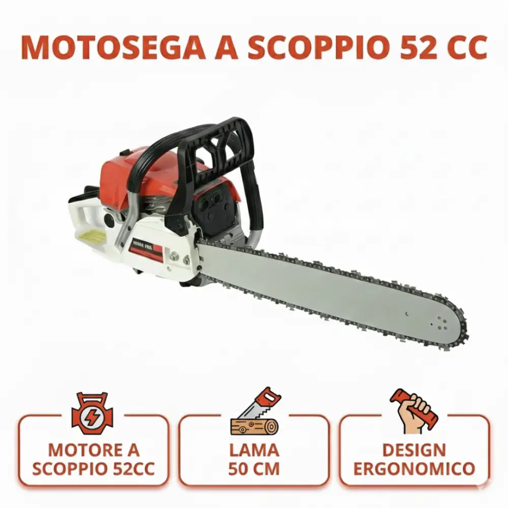 Motosega a Scoppio 52cc con Motore 2 Tempi, Lama da 50 cm e Copricatena per Taglio Professionale Legna e Giardinaggio - DE ROSA SHOP