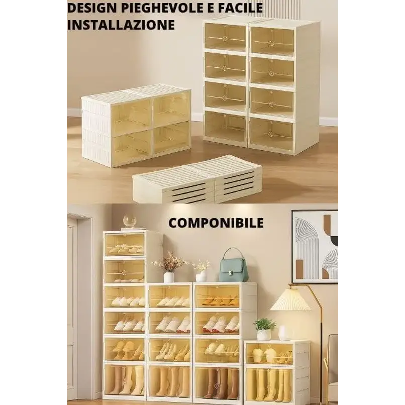 Scarpiera Salvaspazio Pieghevole, con 6 Ripiani Slim, Portascarpe Organizer Scarpe con Contenitori, Facile da Montare e Compatta. Colore Bianco
