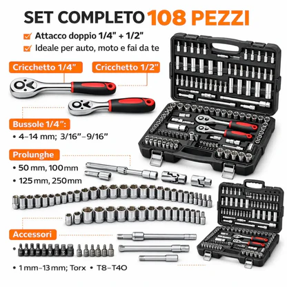 Set Chiavi a Bussola con Cricchetto Professionale 108 Pezzi 1/4” + 1/2” con Valigetta Portatile.