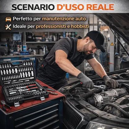 Set Chiavi a Bussola con Cricchetto Professionale 108 Pezzi 1/4” + 1/2” con Valigetta Portatile.
