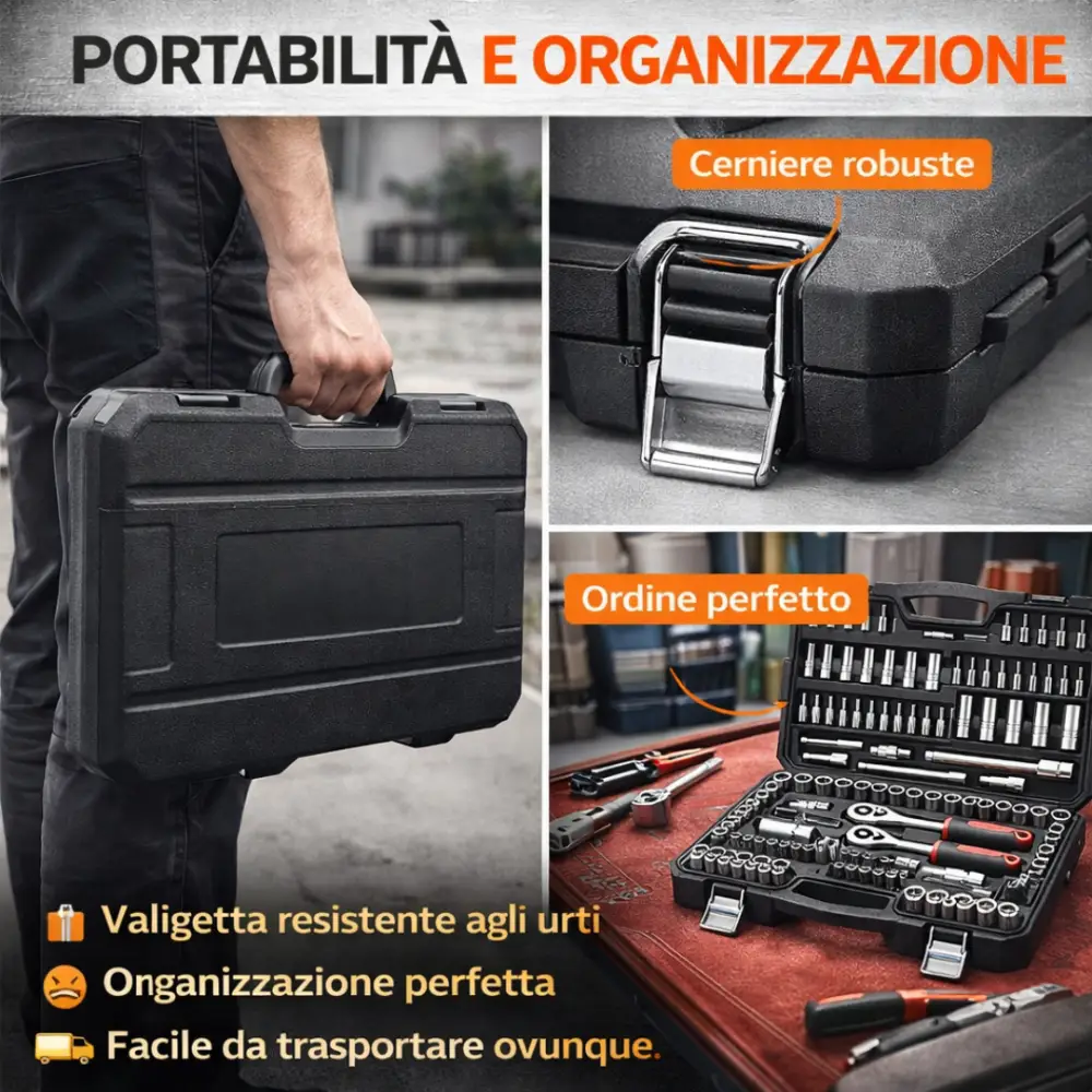 Set Chiavi a Bussola con Cricchetto Professionale 108 Pezzi 1/4” + 1/2” con Valigetta Portatile.