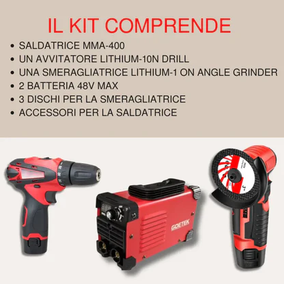 Set Saldatrice Inverter 400A MMA IGBT, + Mini Avvitatore + Mini Smerigliatrice, con 2 Batterie 48V e Caricatore, Kit Professionale Compatto e Potente con Display LED, 3 Dischi