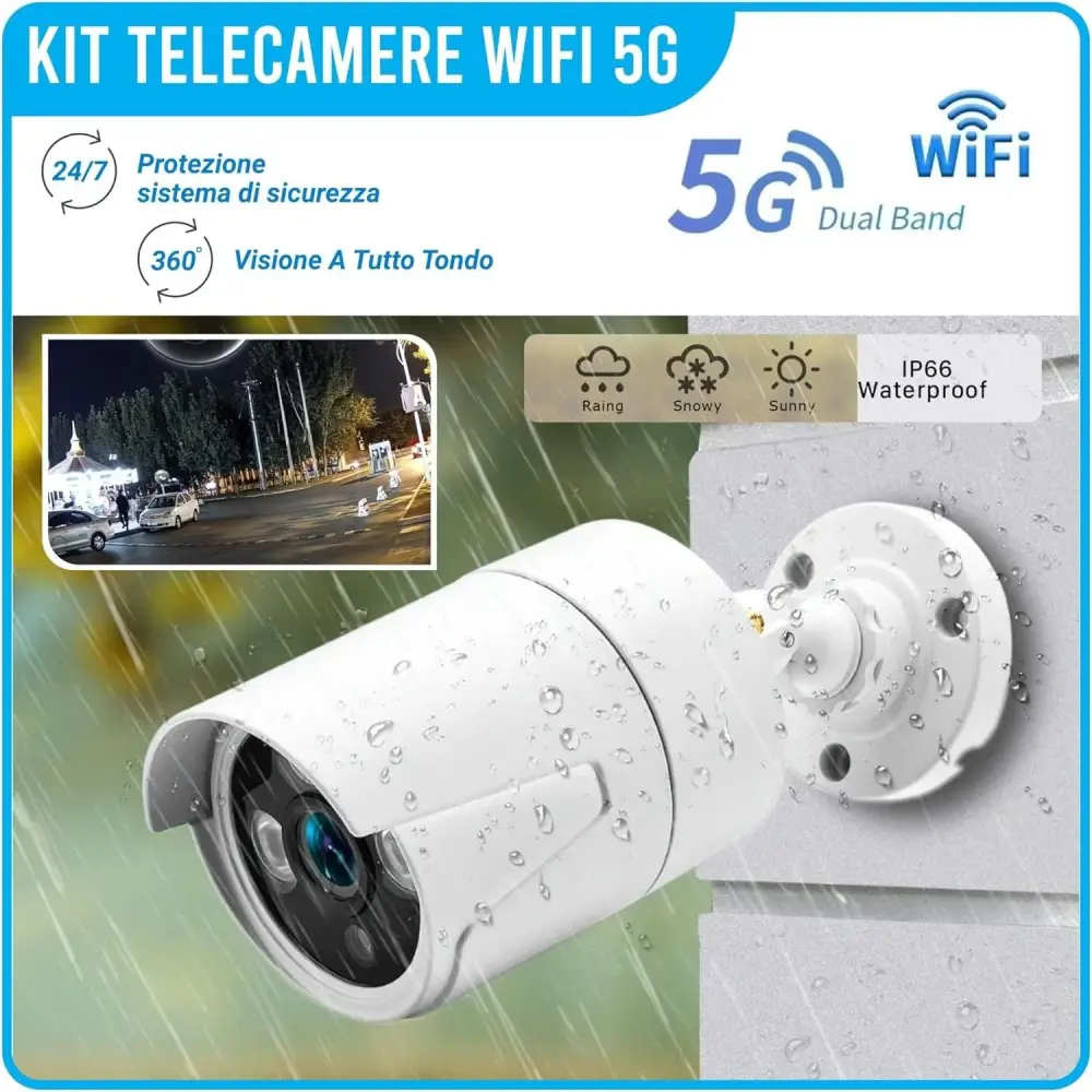 Kit Videosorveglianza Wireless, HD 4 Telecamere WiFi, Sistema IP Remoto con NVR, Supporto 5G e Connessione LAN, Sistema di Sorveglianza con Rivelazione Movimento.