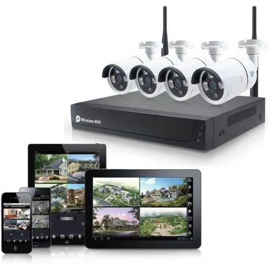 Kit Videosorveglianza Wireless, HD 4 Telecamere WiFi, Sistema IP Remoto con NVR, Supporto 5G e Connessione LAN, Sistema di Sorveglianza con Rivelazione Movimento.
