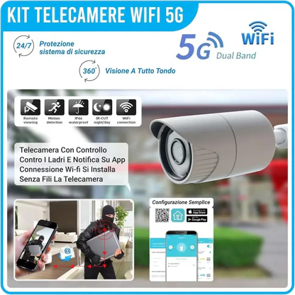 Kit Videosorveglianza Wireless, HD 4 Telecamere WiFi, Sistema IP Remoto con NVR, Supporto 5G e Connessione LAN, Sistema di Sorveglianza con Rivelazione Movimento.