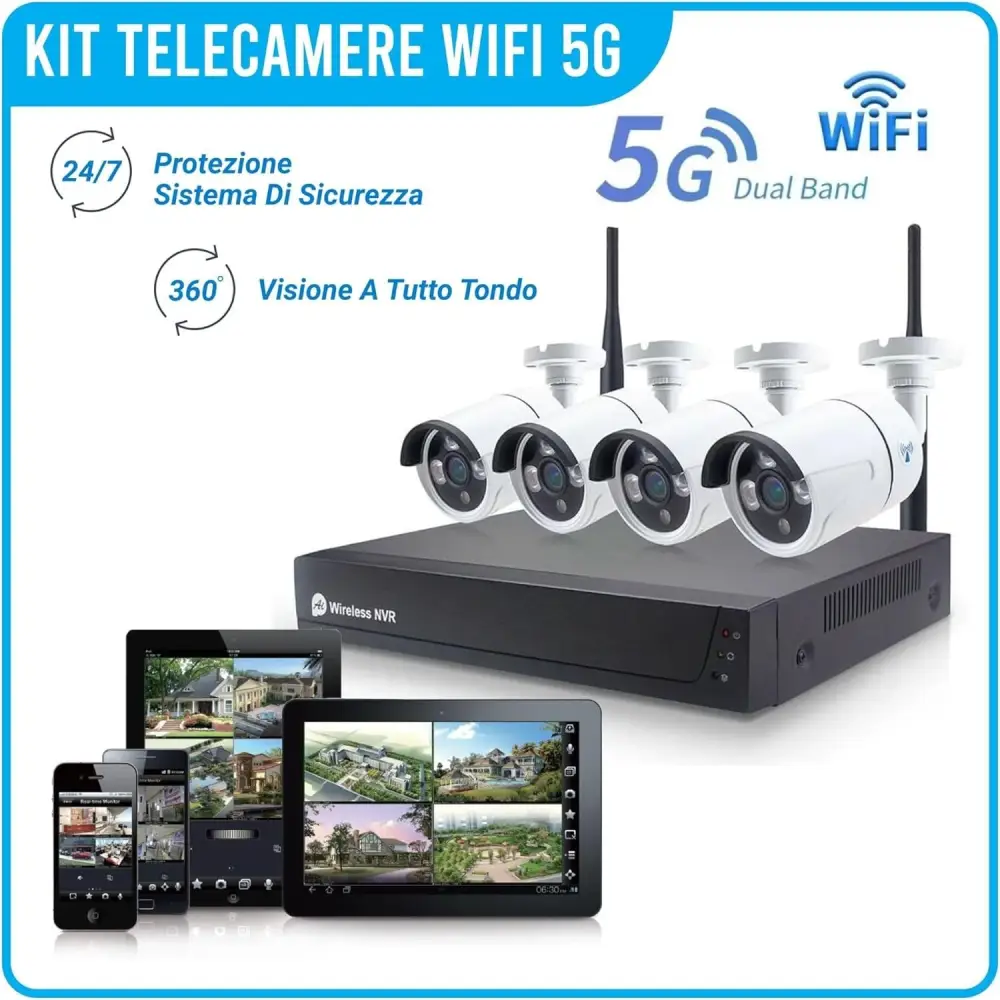 Kit Videosorveglianza Wireless, HD 4 Telecamere WiFi, Sistema IP Remoto con NVR, Supporto 5G e Connessione LAN, Sistema di Sorveglianza con Rivelazione Movimento.