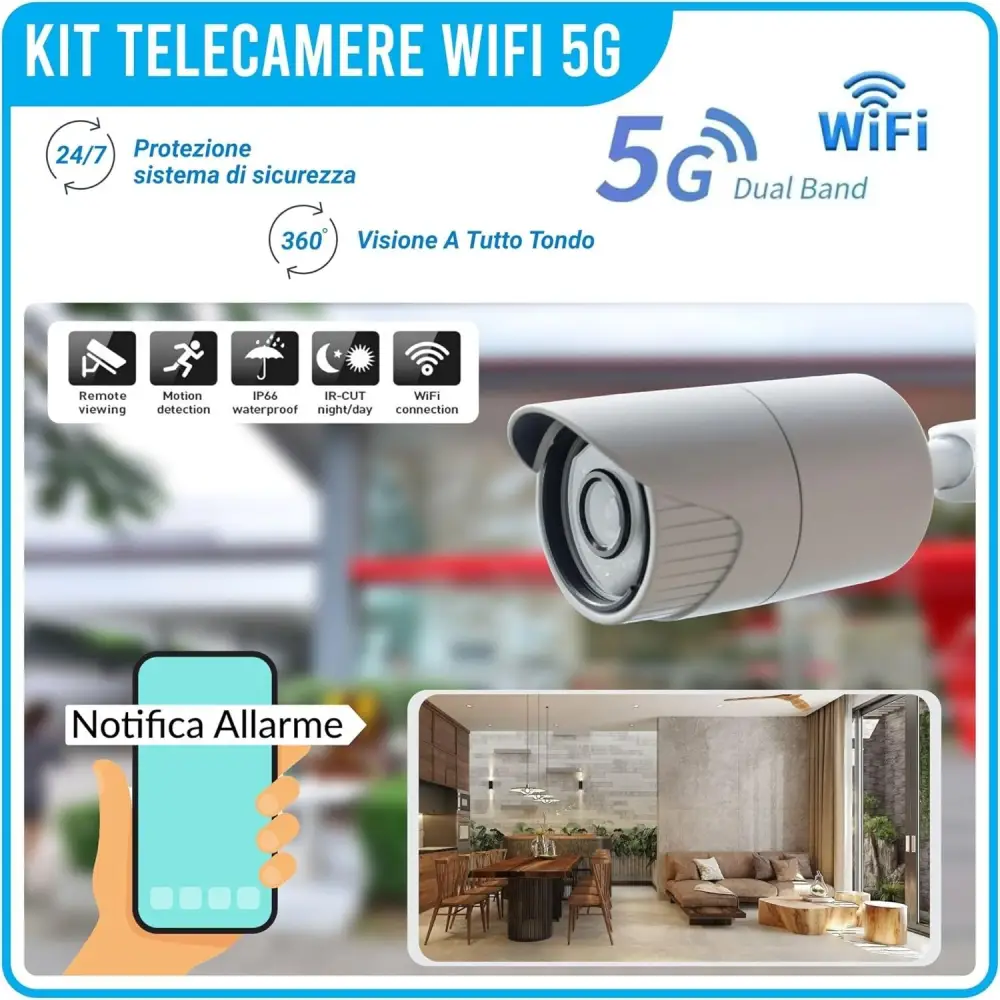 Kit Videosorveglianza Wireless, HD 4 Telecamere WiFi, Sistema IP Remoto con NVR, Supporto 5G e Connessione LAN, Sistema di Sorveglianza con Rivelazione Movimento.