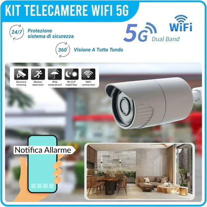 Kit Videosorveglianza Wireless, HD 4 Telecamere WiFi, Sistema IP Remoto con NVR, Supporto 5G e Connessione LAN, Sistema di Sorveglianza con Rivelazione Movimento.